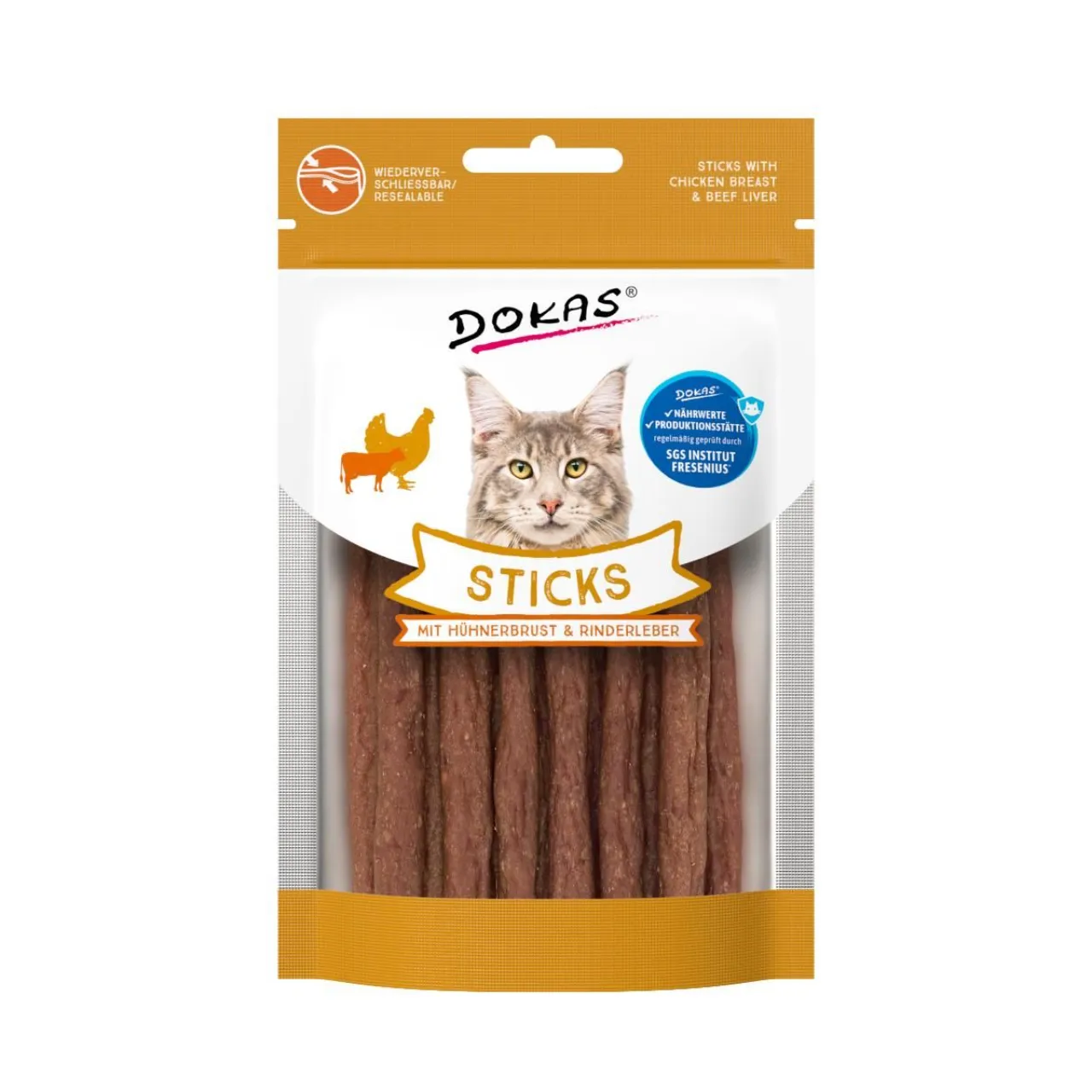 Dokas Sticks med kylling og okselever 30 g - naturlige kattegodbidder